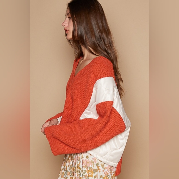 POL Quilted Waffle Cable Knit Patchwork High-low Top Long Sleeve Crop Sweater - Picture 4 of 15